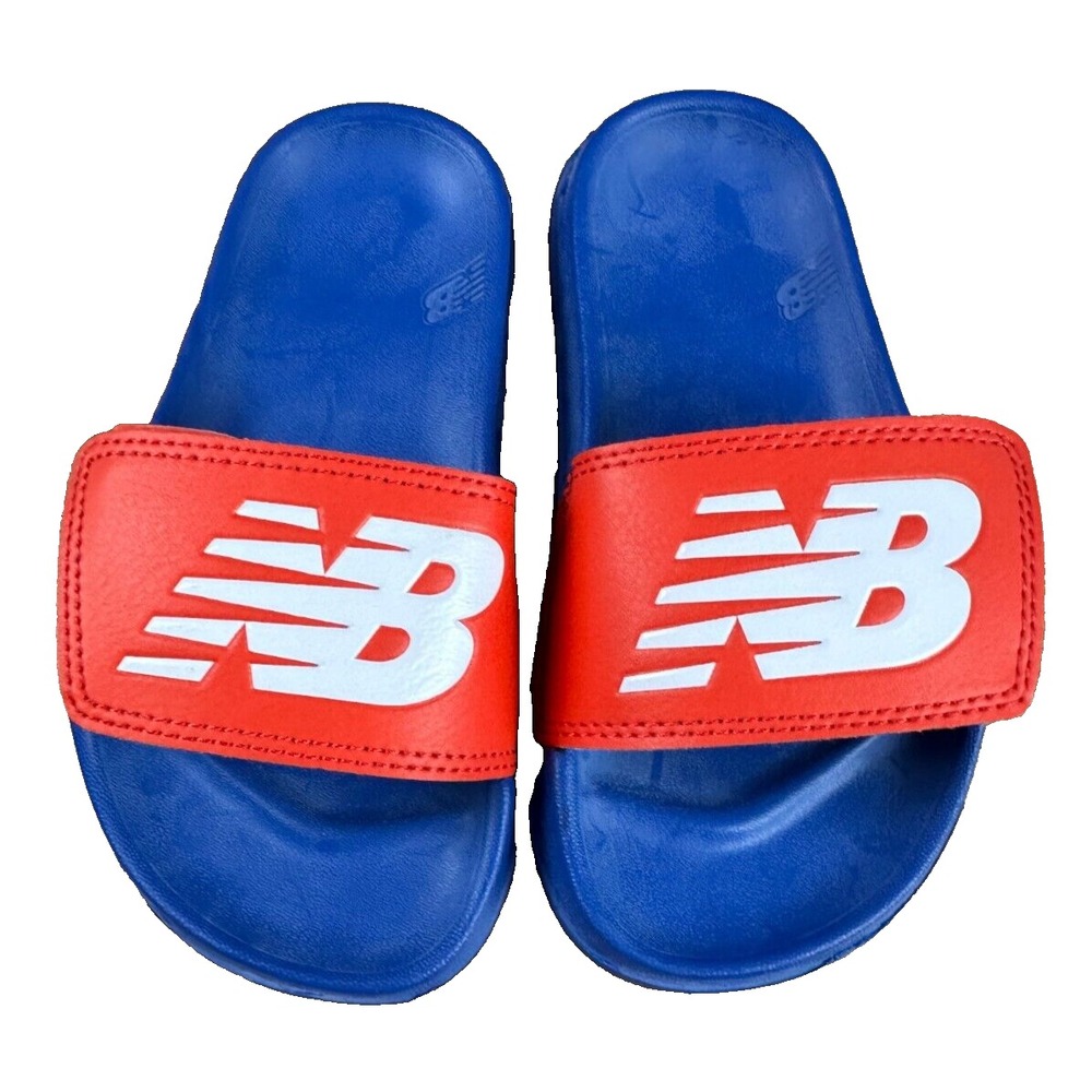 New Balance Kids Blue Red Logo Slide Sandals Adjustable Strap Youth Size 11